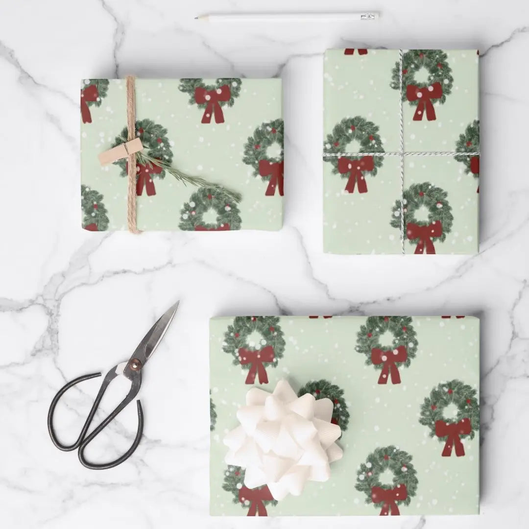 Christmas Holiday Wreath Light Green - Wrapping Paper Sheets
