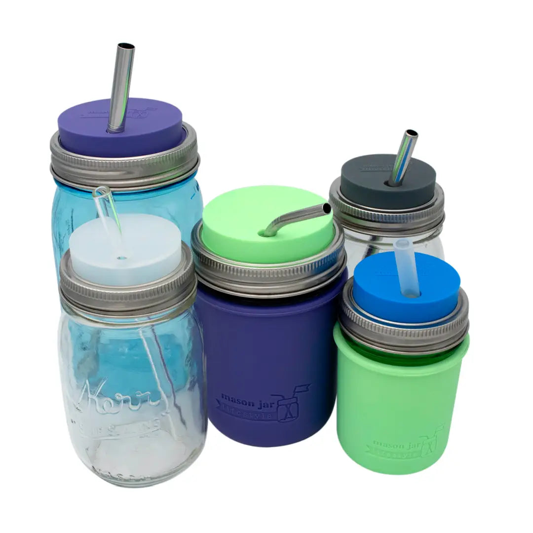 Silicone Straw Hole Tumbler w/ Stainless Steel Band for Jars
