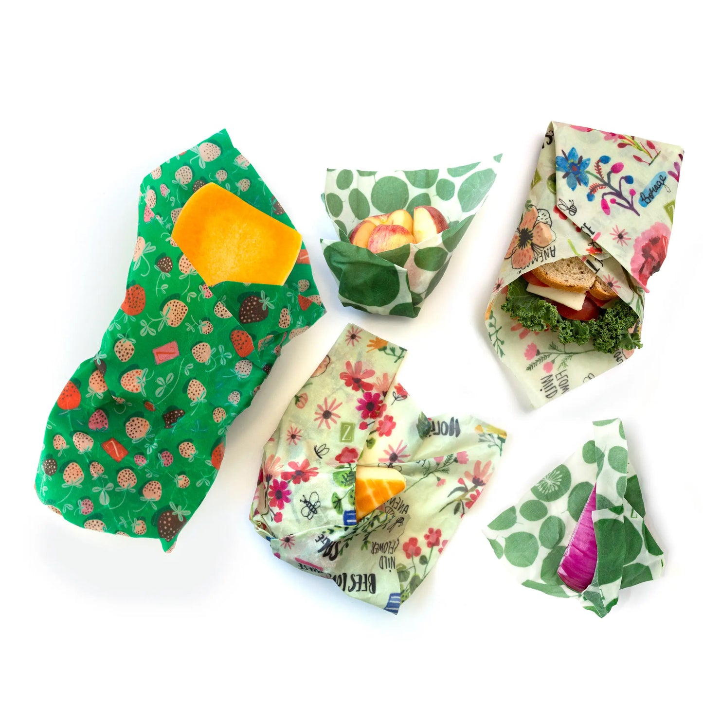 Beeswax Wrap- Leafy/Bees/Strawberry - 5 Pack